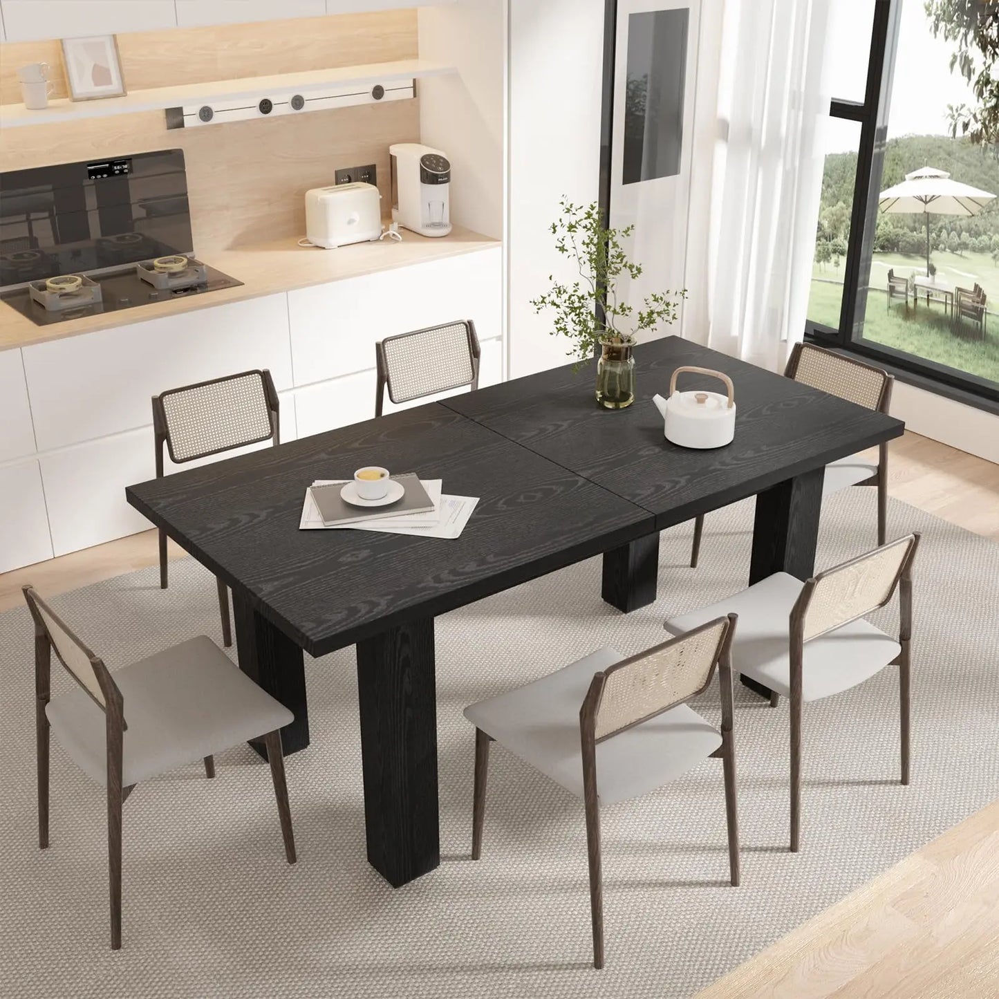 Vabches Extendable Dining Table for 6-8 Seater Wooden Kitchen Table Modern Rectangle Dinner Table Space Saver for Dining Room