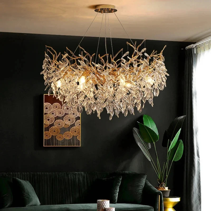 Crystal Chandelier: Luxury Gold Leaf Design LED Pendant Light for Dining & Living Room