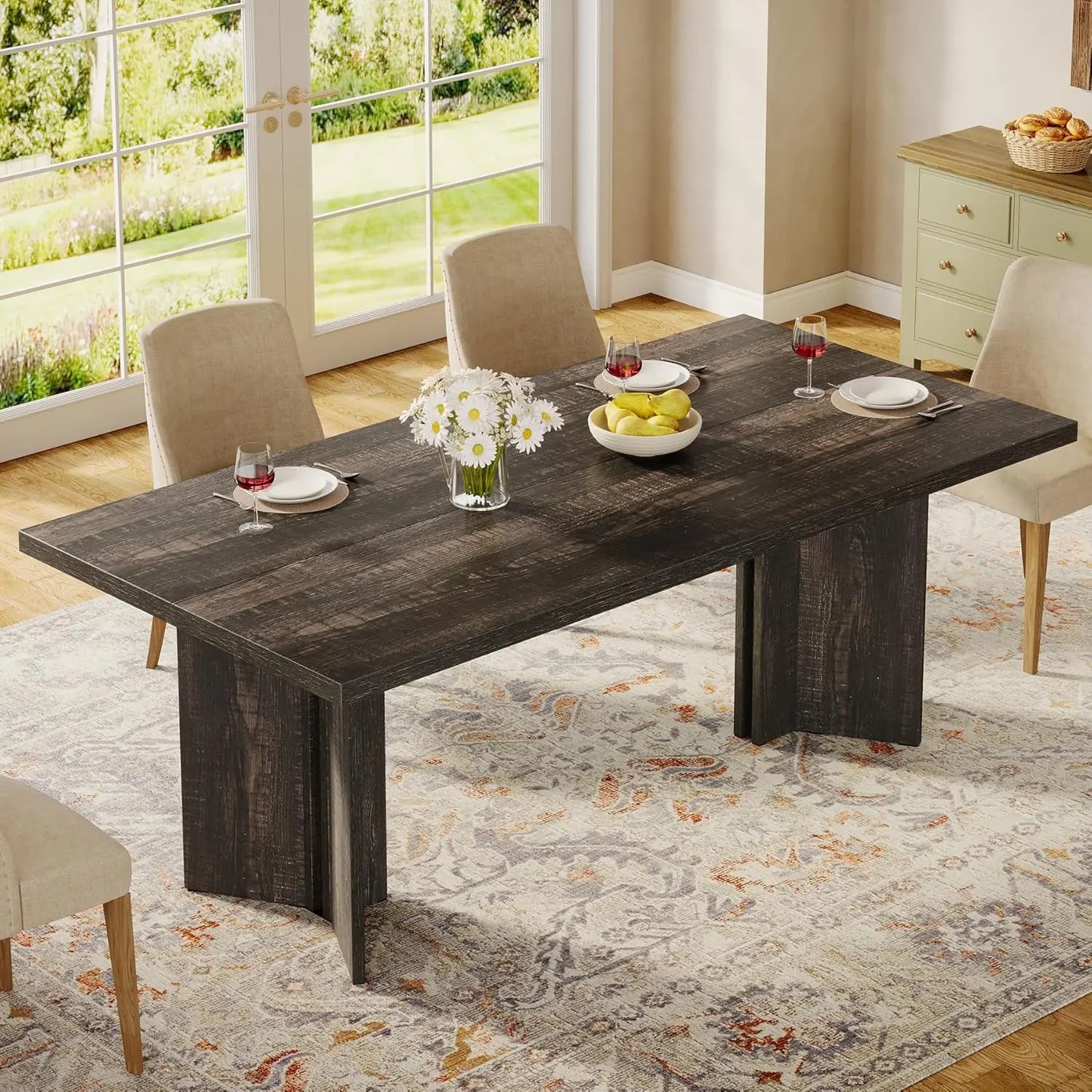 Tribesigns Farmhouse Dining Table for 4 to 6 People, 63-inch Rectangle Wooden Kitchen Table with Large Tabletop and Heavy Duty