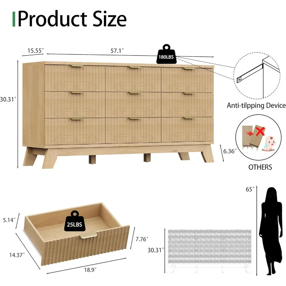 Fluted 9 Drawer Dresser for Bedroom