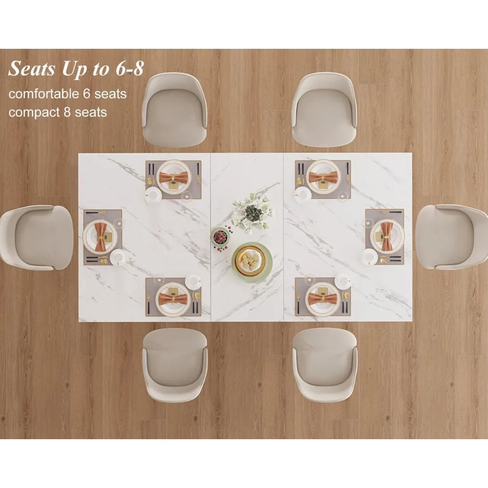 White Faux Marble Dining Table, 63 inch Modern Dinner Table for 6 People, Farmhouse Rectangle Kitchen Table for Living Room, La