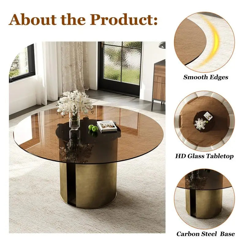 59" Round Dining Table, Dark Brown Glass Top, Antique Copper Steel Leg Base, Ideal for Family Kitchen or Living Room
