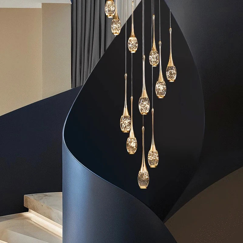 Crystal Chandelier: Multi-Drop Spiral Pendant Light in Gold - 30cm x 120cm