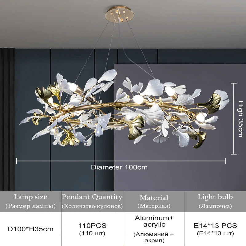 Ginkgo Leaf Chandelier 180cm: Modern Gold Pendant Light for Dining Room & Living Room