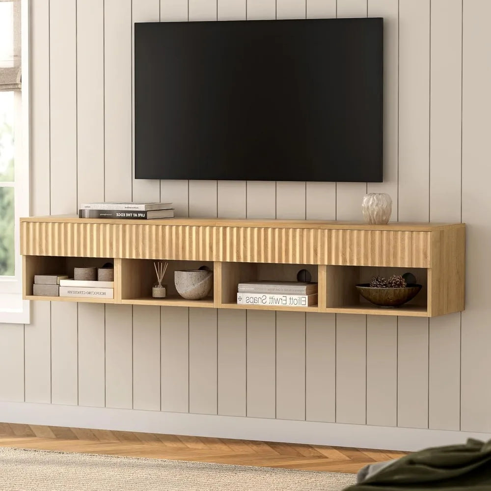 Floating TV Stands with Drawer and Open Shelf, Small Wall Mounted Bedside End Table, Modern Fluted Night Stand for Bedroom