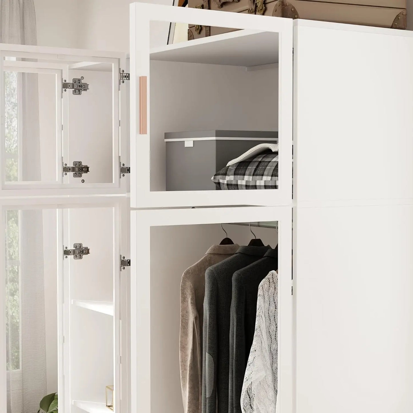 Wardrobe Cabinet with LED Lights, Armoire Closet , Wooden Large Wardrobe with Hanging Rod & 5 Tiers Shelf, White 47.2" W