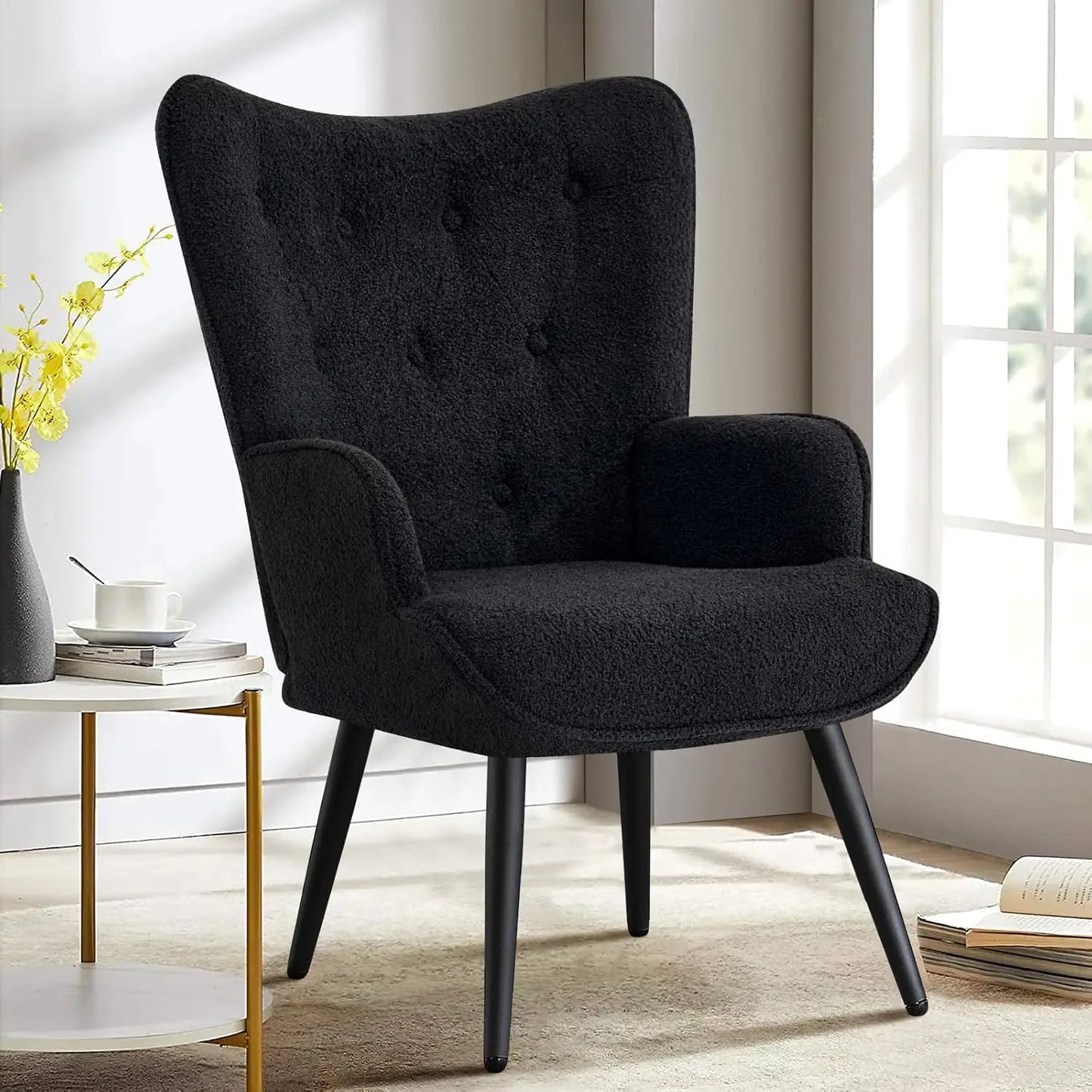 Velvet Accent Chair for Living Room, Upholstered Reading Chair with High Backrest, Tufted-Button Wingback Armchair f