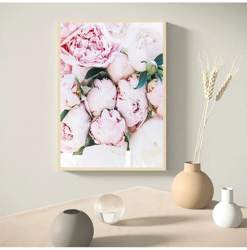 Pink Peonies & Coco Paris Quote Canvas Wall Art Print Set