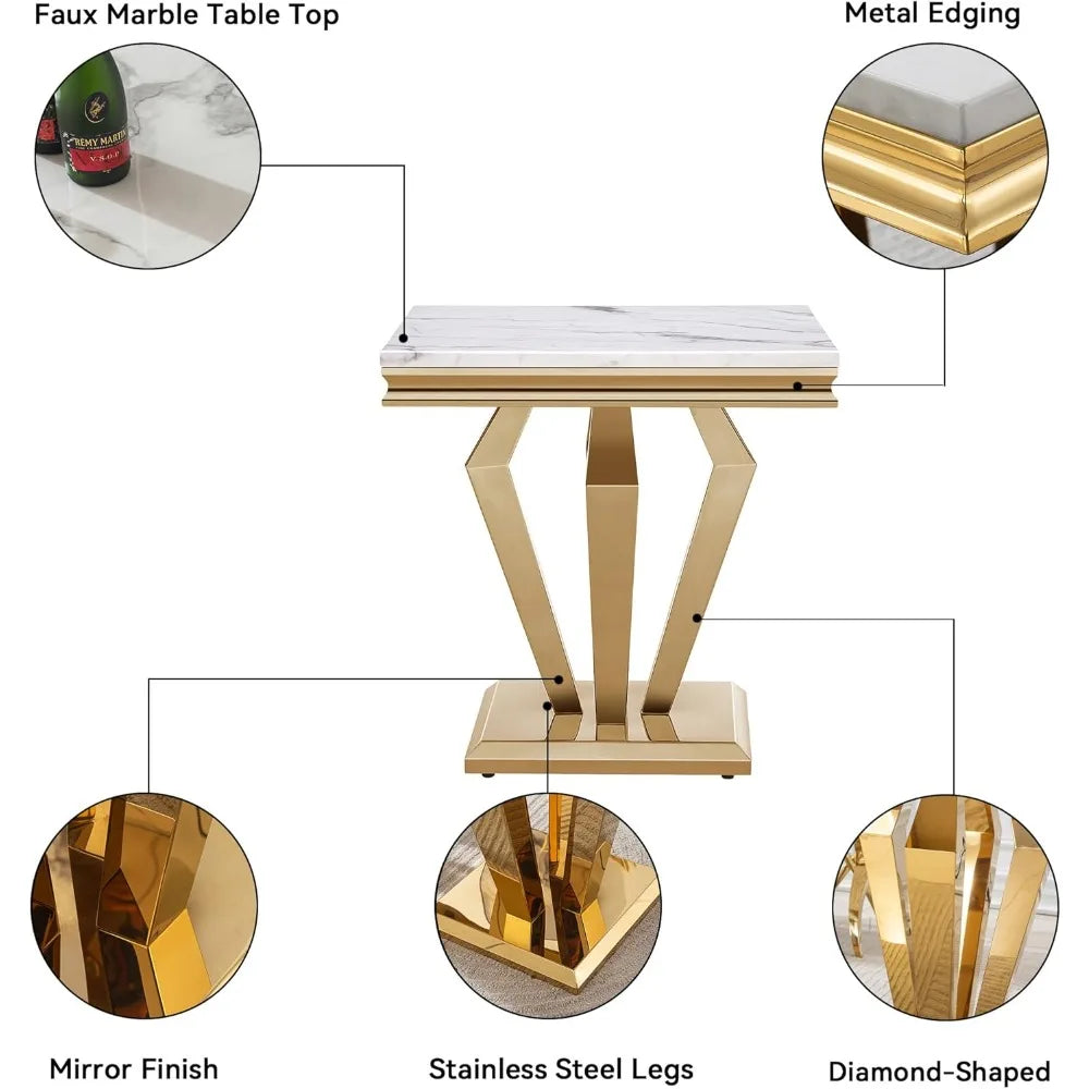 Square End Table, 22.8" Modern White Faux Marble Side Table, Nightstand Bedside Table Small Accent Table with Golden Mirrored Fi