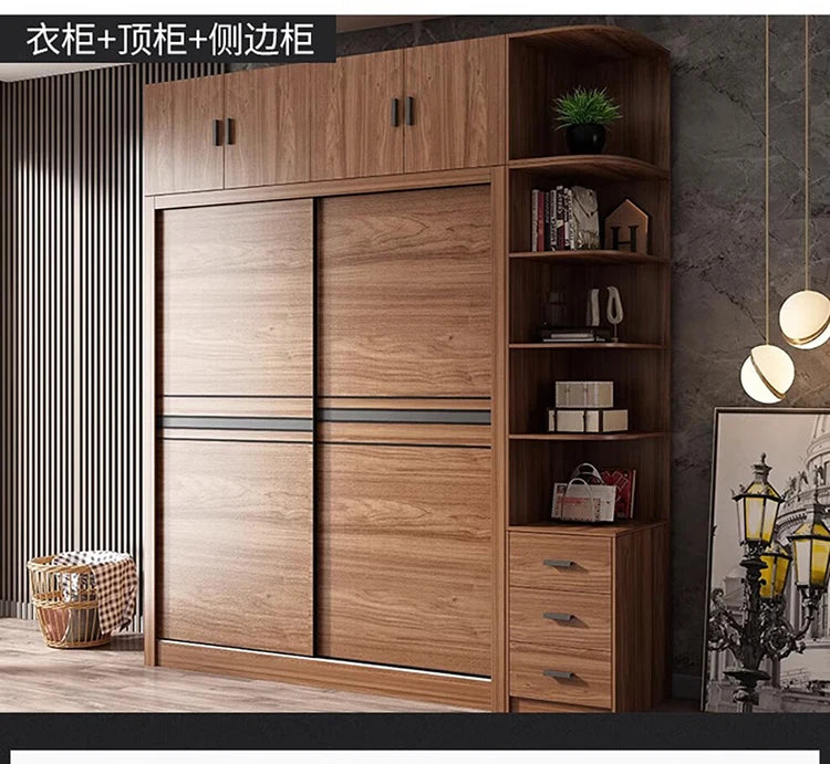 Nordic Wardrobe Bedroom Simple Glass Sliding Door Walnut Color Cabinet Sliding Door Wardrobe