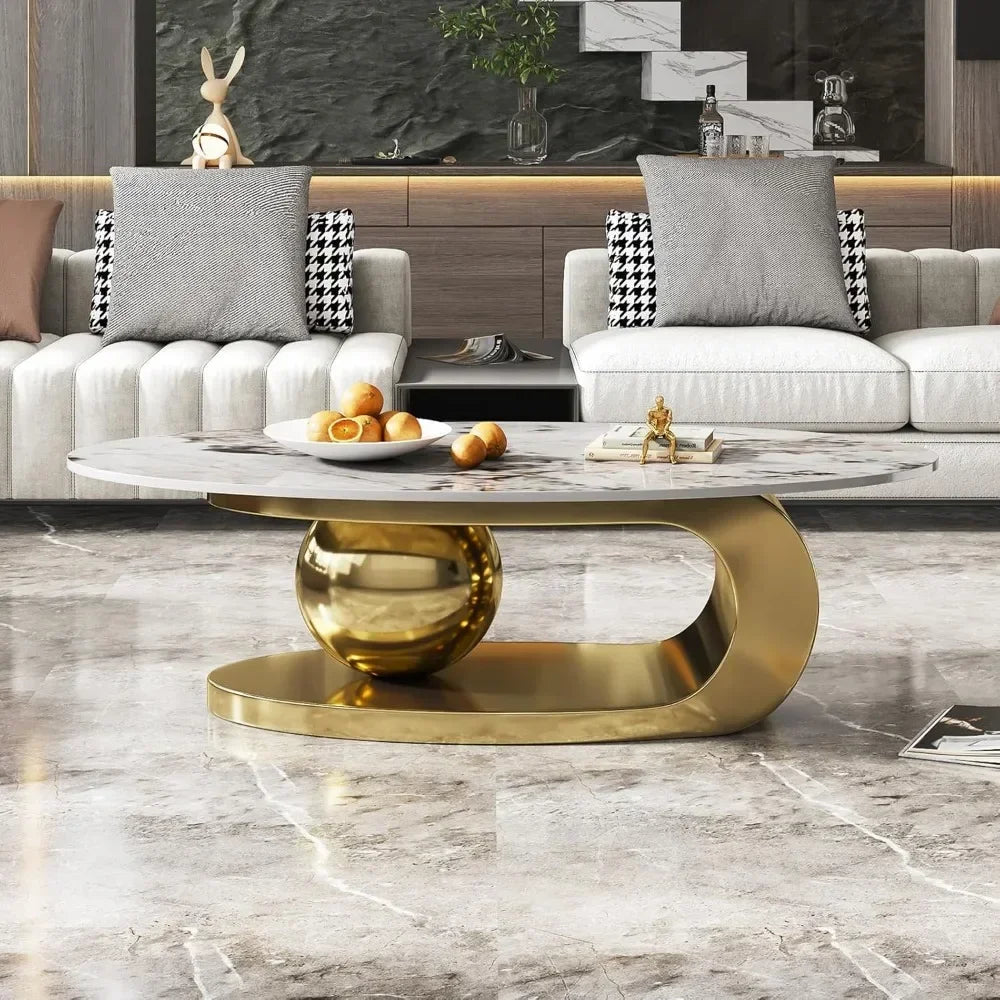 Modern Oval Stone Coffee Table with Abstract Gold Metal Base - Perfect  for Stylish Living Rooms-Gold,51"Lx28Wx16.5H