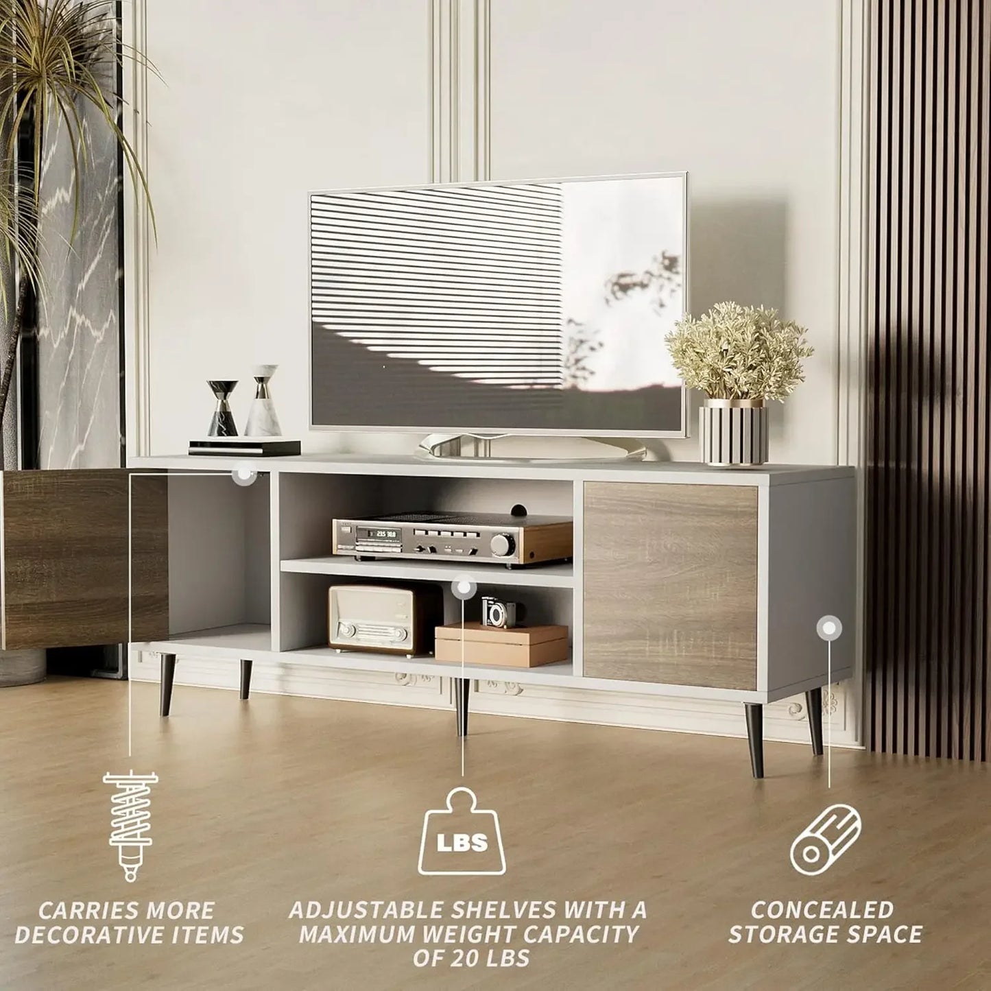 TV Stand for 65 Inch TV, Modern Entertainment Center with Storage Cabinet and Open Shelves