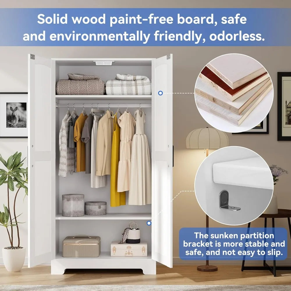Wooden Armoire Wardrobe Closet, Wardrobe Cabinet with Door and Shelves, Freestanding Bedroom Armoires Clothing Storage Cabinet w