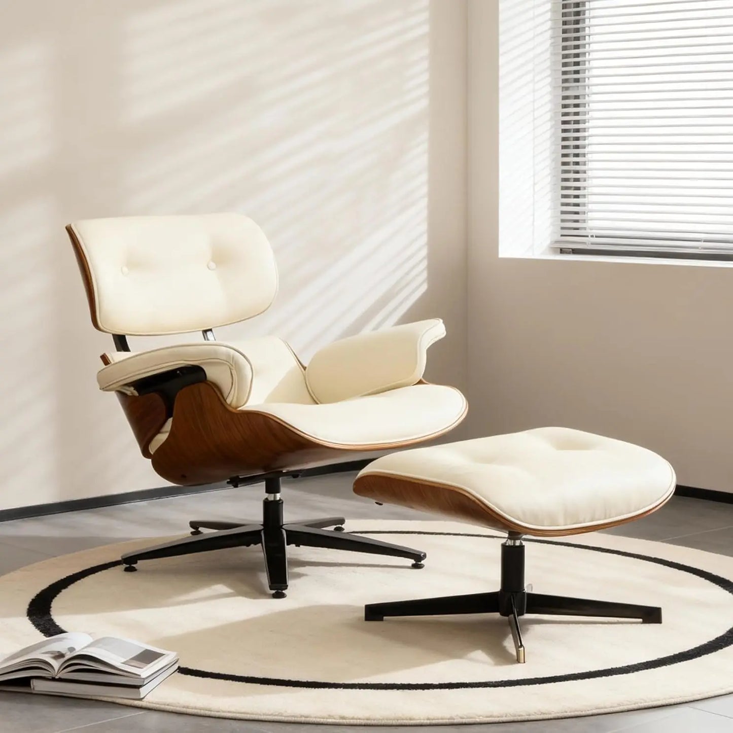 Mid-Century Modern Lounge Chair and Ottoman Set, Classic PU Leather Upholstery, Walnut Wood Trim, 360° Swivel, Ergonomic