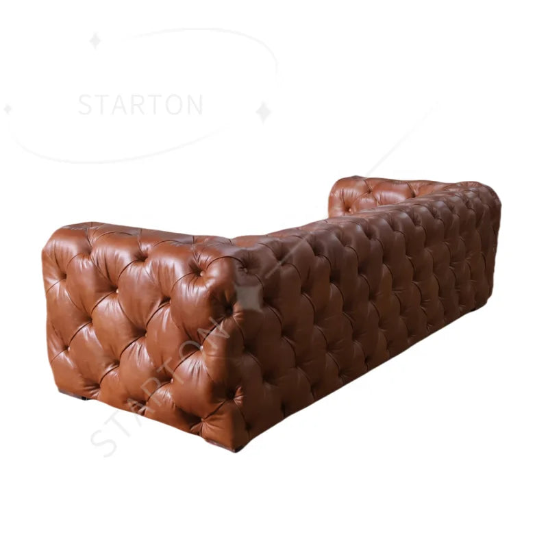Custom Made Retro Vintage Tan Leather Classic Chesterfield Sofa Fully Tufted Buttons 3 Seat Living Room Hotel Lobby Sofa Club