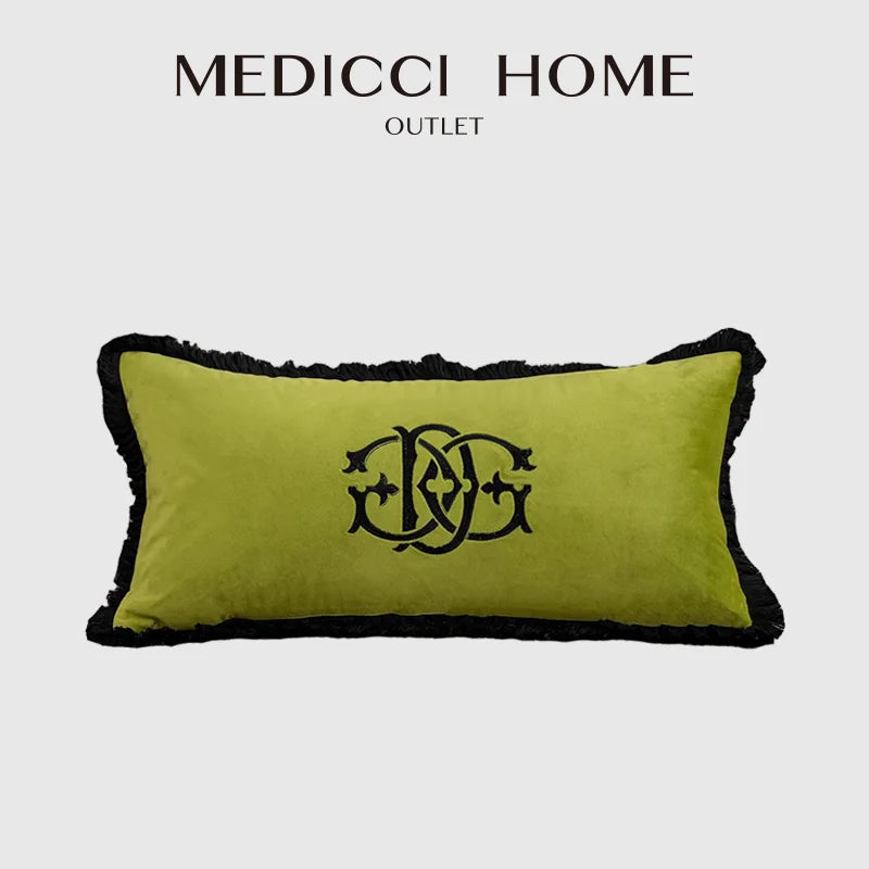 Medicci Home Luxury Monogrammed Lumbar Cushion Cover Green Brush Fringe Monogram Accent Throw Pillow Case Personalized Gifts