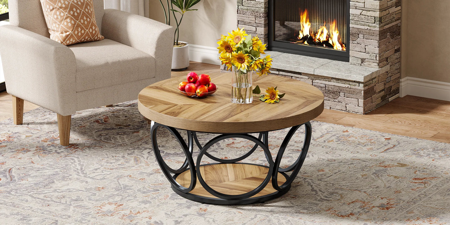 Round Coffee Table with Storage Shelves - 31.7" Industrial 2-Tier Circle Table