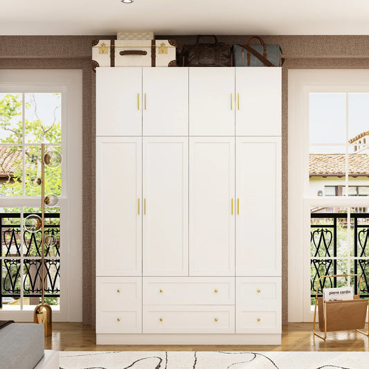 FUFU&GAGA White Armoire with Shelves & 6 Drawers, Wardrobe Cabinet with Hanging Rod & Gold Handles for Bedroom, Coat Closet