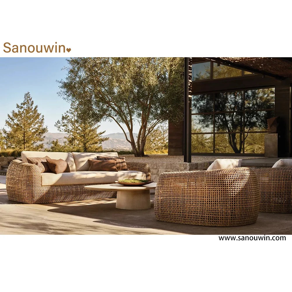 Hot Sales Modern PE Rattan Single Sofa Set High-End Outdoor Furniture With Natural Wood Look Wicker Teak Fabric Materials For D