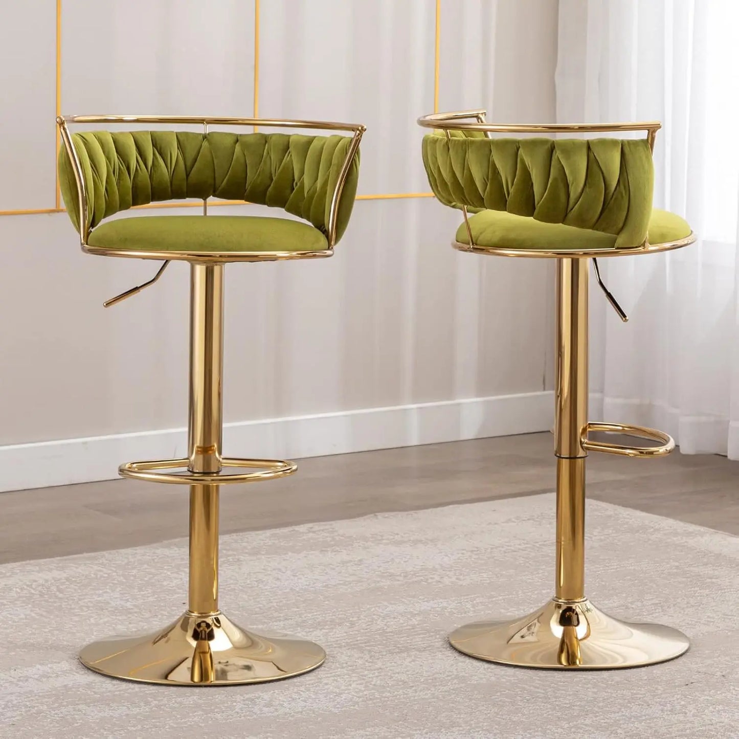 Woven Bar Stools Set of 2, Adjustable Counter Height Velvet Swivel Kitchen Stools with Back, Green