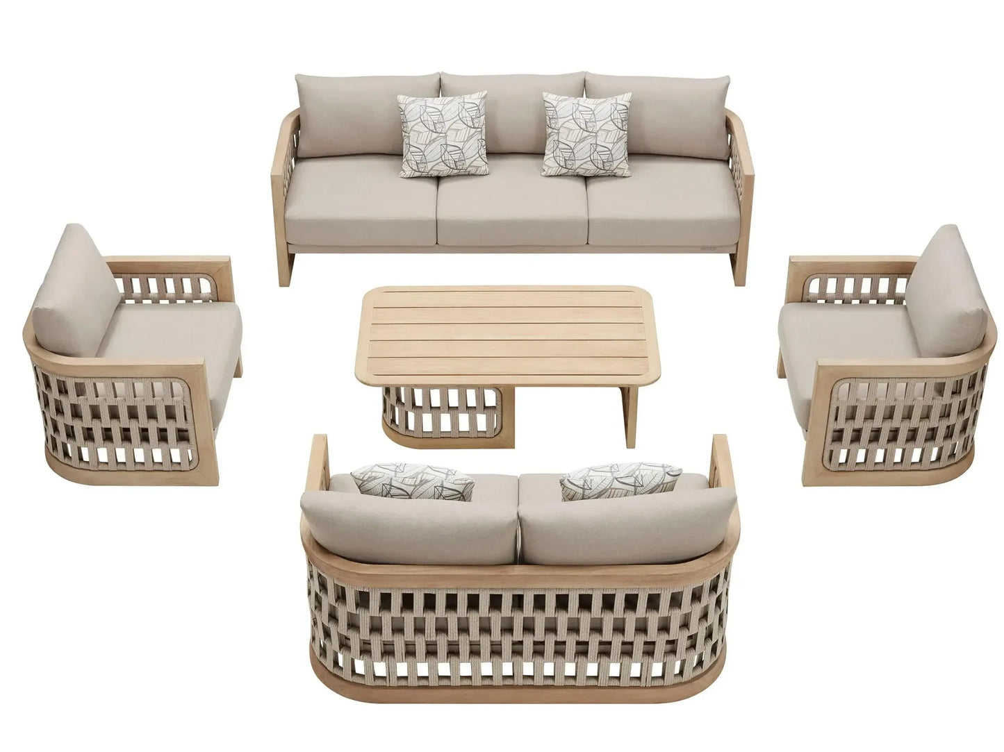 Hot Sales Outdoor Luxury Terrace Set Rope Weave Natural Teak Wood Sofa With Combination Of Strapping Patio Garden And Cushion V