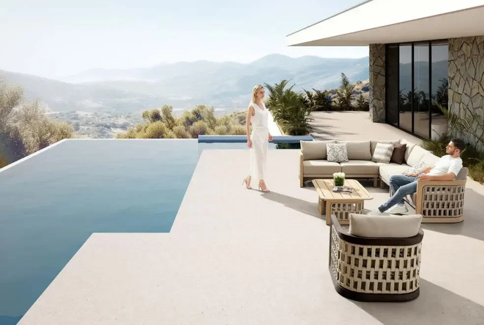 Hot Sales Outdoor Luxury Terrace Set Rope Weave Natural Teak Wood Sofa With Combination Of Strapping Patio Garden And Cushion V