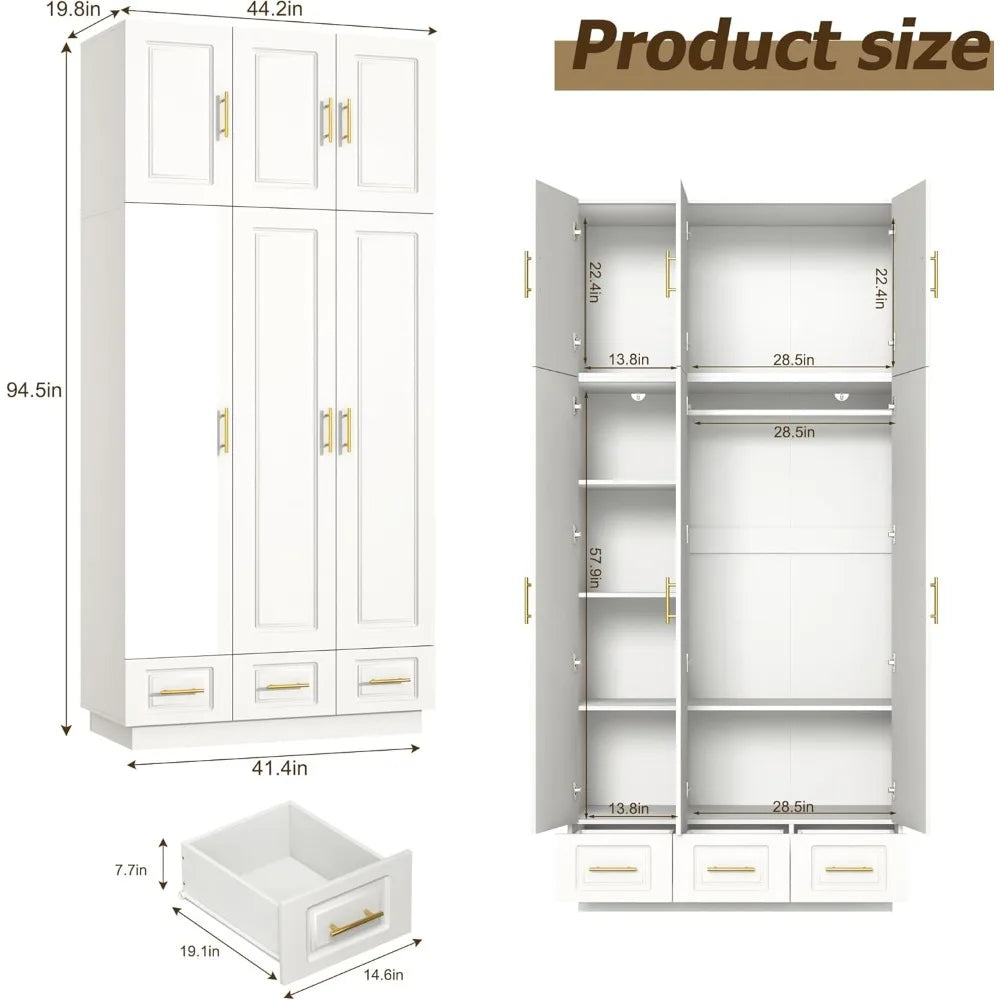 Large Armoire Wardrobe Closet Cabinet with Drawers and LED Lights, Multi-Tier Shelves, Hanging Rod, Large Capacity Storage 3 Doo