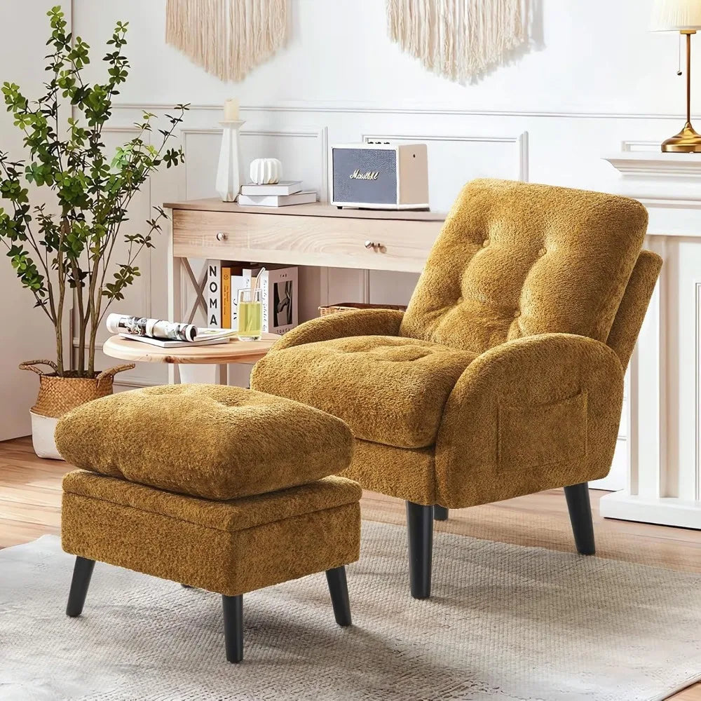 Mustard Yellow Chenille Accent Chair with Ottoman - Reclining Armchair