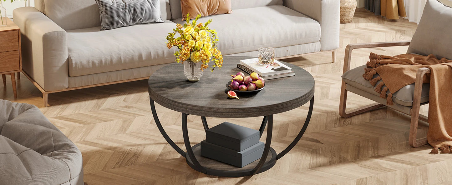 Round Coffee Table with Storage Shelves - 31.7" Industrial 2-Tier Circle Table