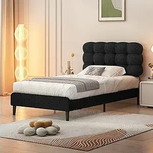 Twin Bed Frame with Upholstered Headboard and Platform Design