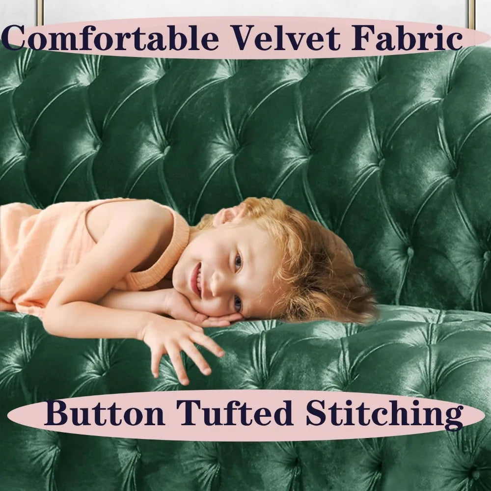 Modern Emerald Velvet Loveseat Sofa with Tufted Curved Back, Comfy Upholstered 2-Seater Sofa with Brown Birch Legs