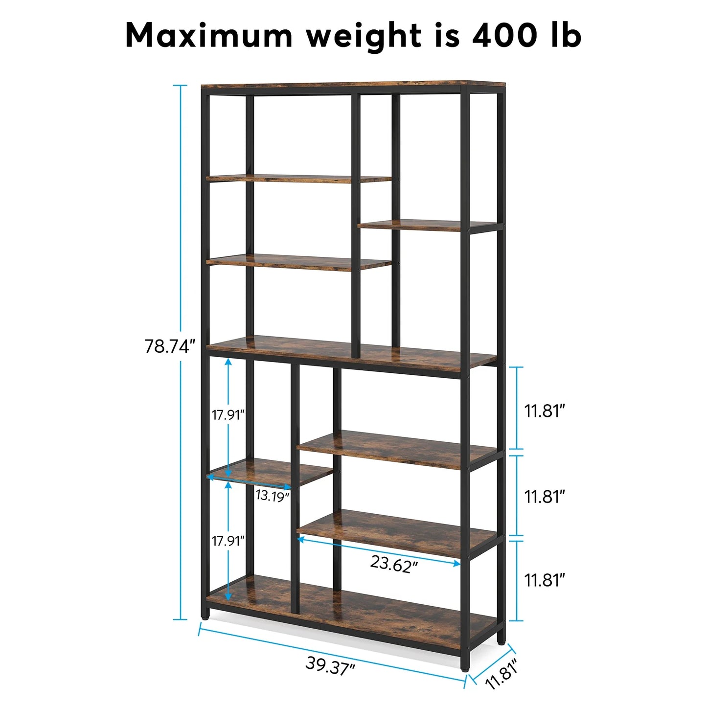 9-Tier Industrial Bookshelf, 79 Inches, 10 Cube Storage
