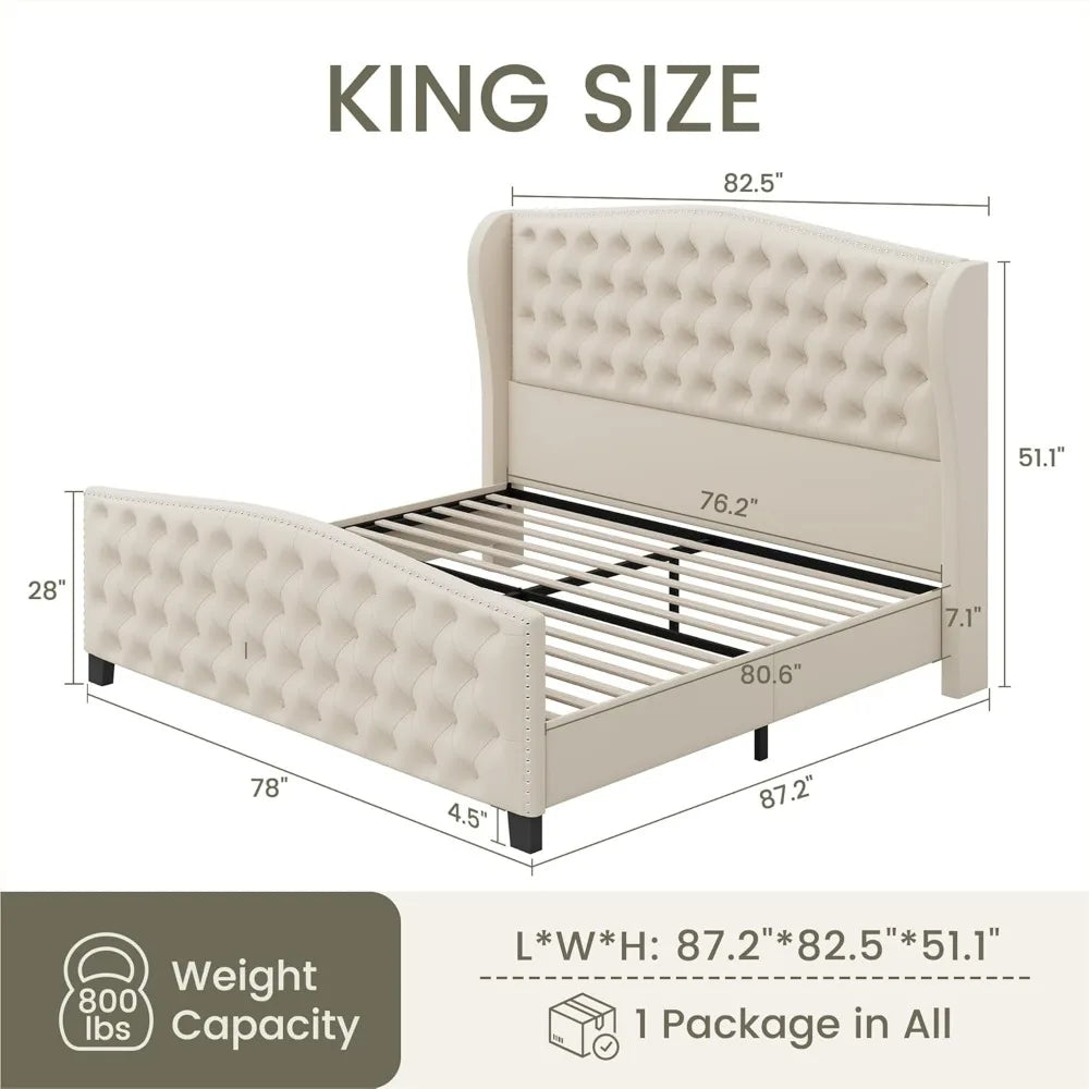 King Size Velvet Upholstered Platform Bed with Wingback Headboard and Footboard