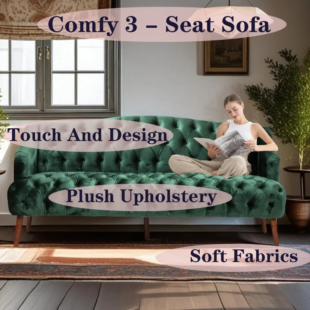 Modern Emerald Velvet Loveseat Sofa with Tufted Curved Back, Comfy Upholstered 2-Seater Sofa with Brown Birch Legs