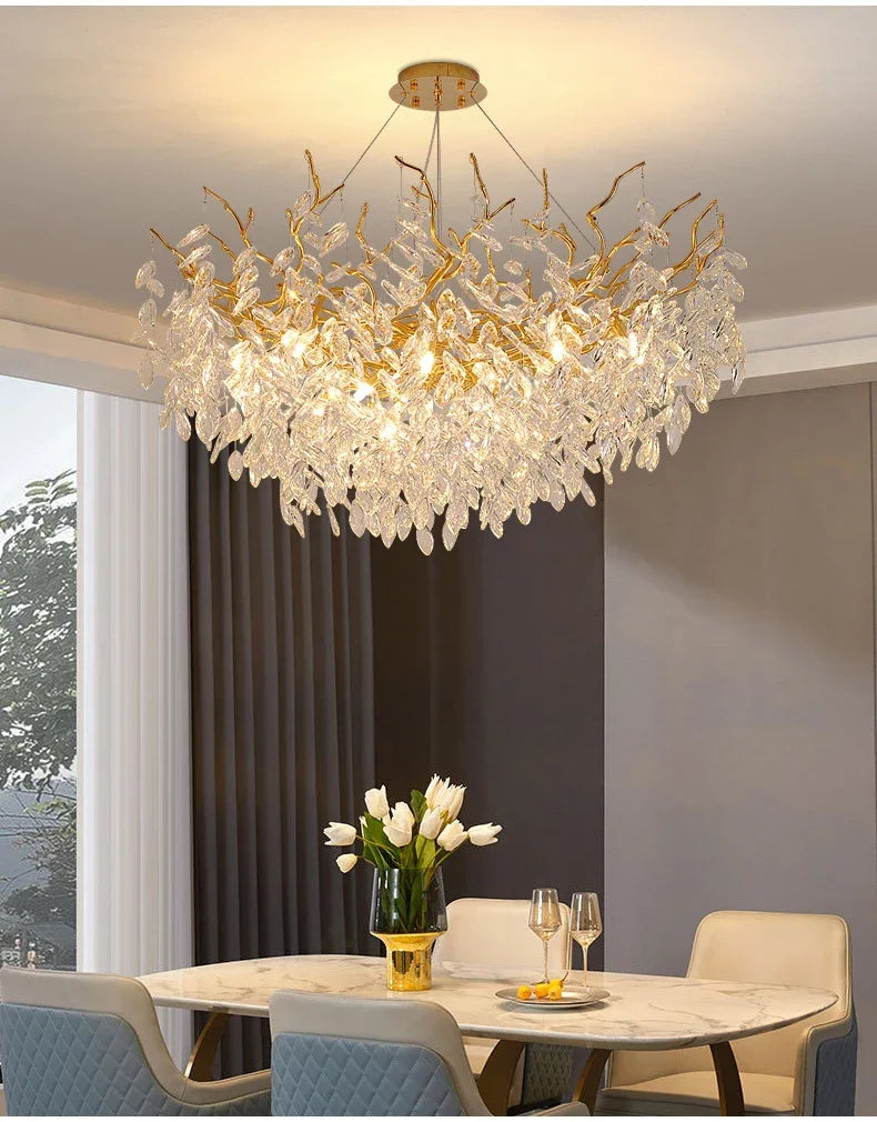 Crystal Chandelier: Luxury Gold Leaf Design LED Pendant Light for Dining & Living Room