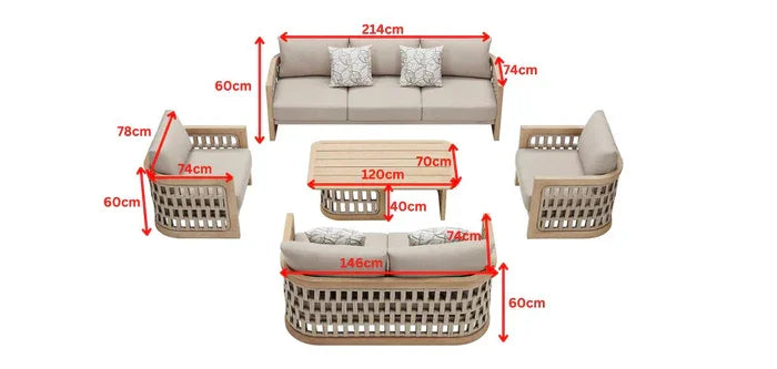 Hot Sales Outdoor Luxury Terrace Set Rope Weave Natural Teak Wood Sofa With Combination Of Strapping Patio Garden And Cushion V