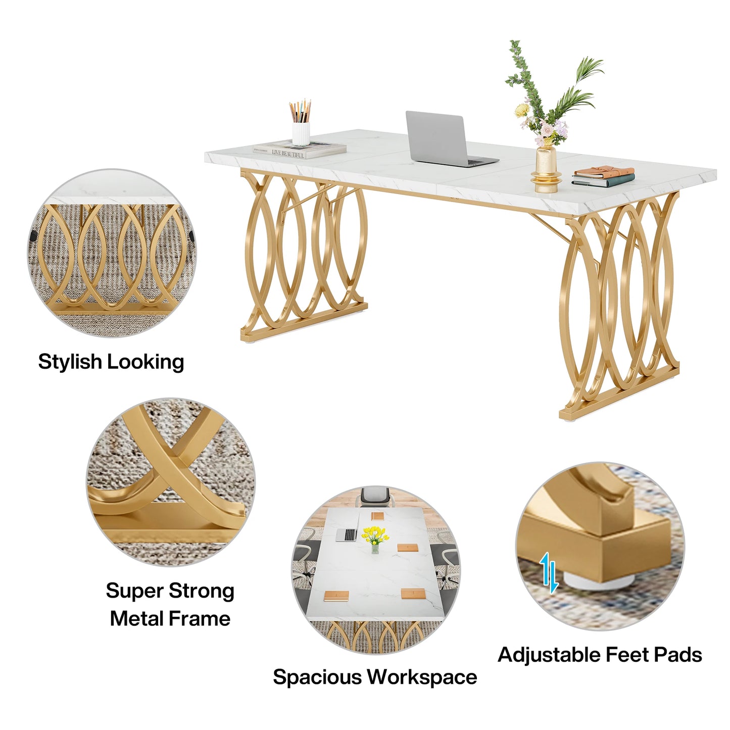 Executive Desk 63" - Modern White and Gold Office Desk with Geometric Base, Conference Table for Home Office
