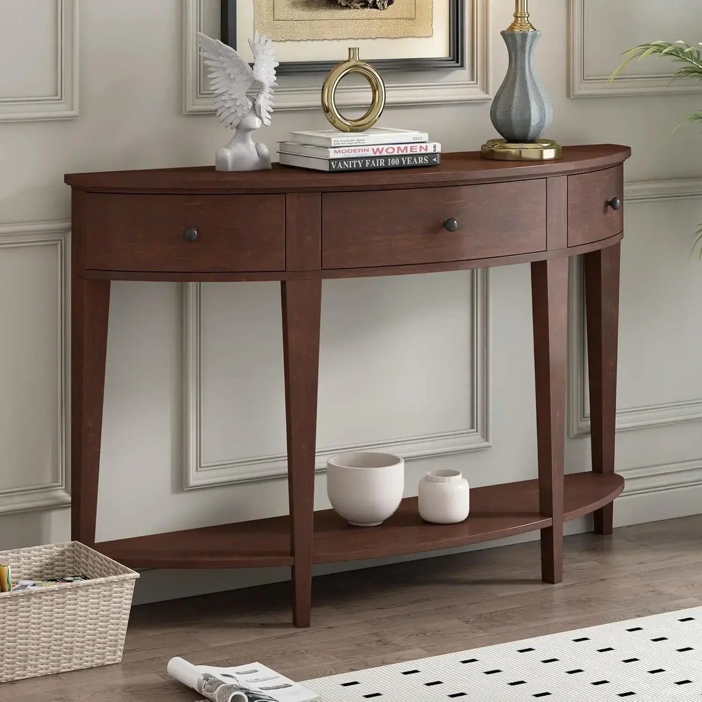 Curved Design Console Table Sofa Table with Sturdy Solid Wood Frame, 3 Storage Drawers and Bottom Shelf for Hallway Entryway