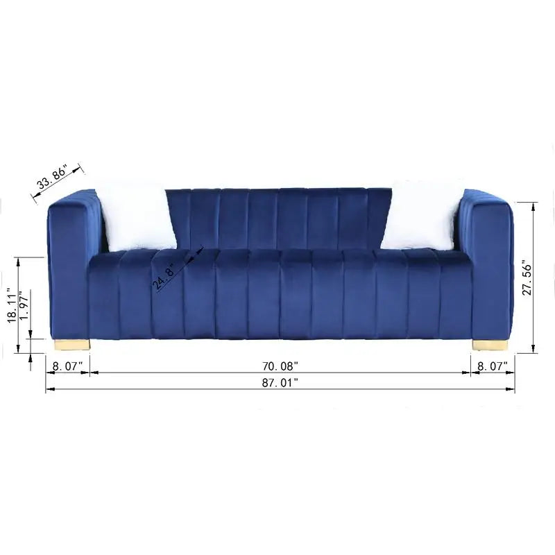 Velvet Sofa: Channel Tufted 3-Seat with Gold Base in Navy Blue