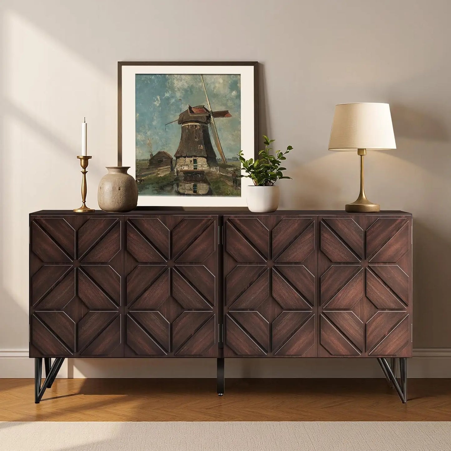 Sideboard Buffet with Hand-Carved Geometric Doors - Console Cabinet, 63"