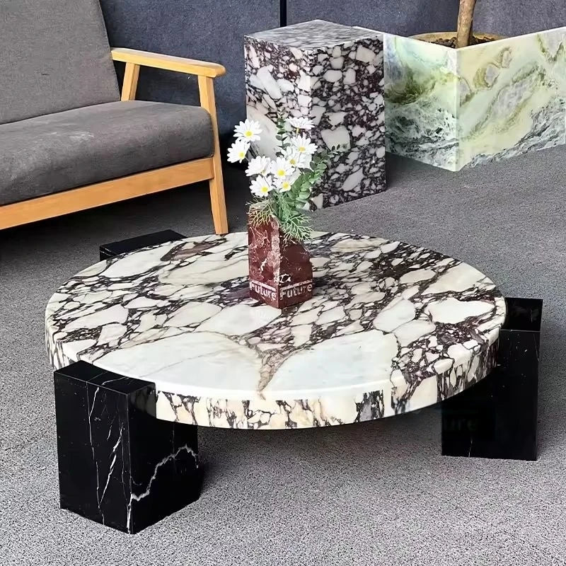 100% Pure Calacata Viola Marble Round Coffee Table with Black Marquina Base - Luxury Living Room Center Table for Home Decor