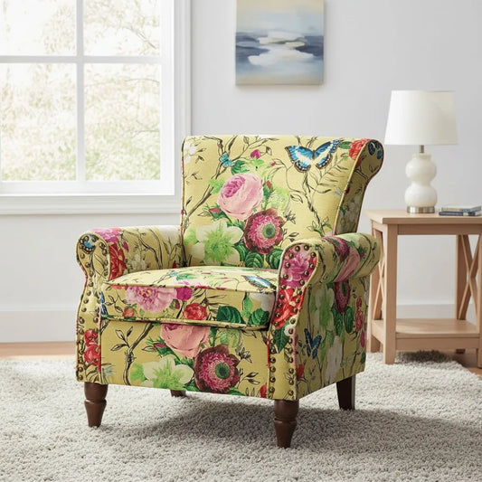 Modern Wingback Accent Chair with Wood Legs & Removable Cushion, Floral Pattern Armchair for Living Room Bedroom