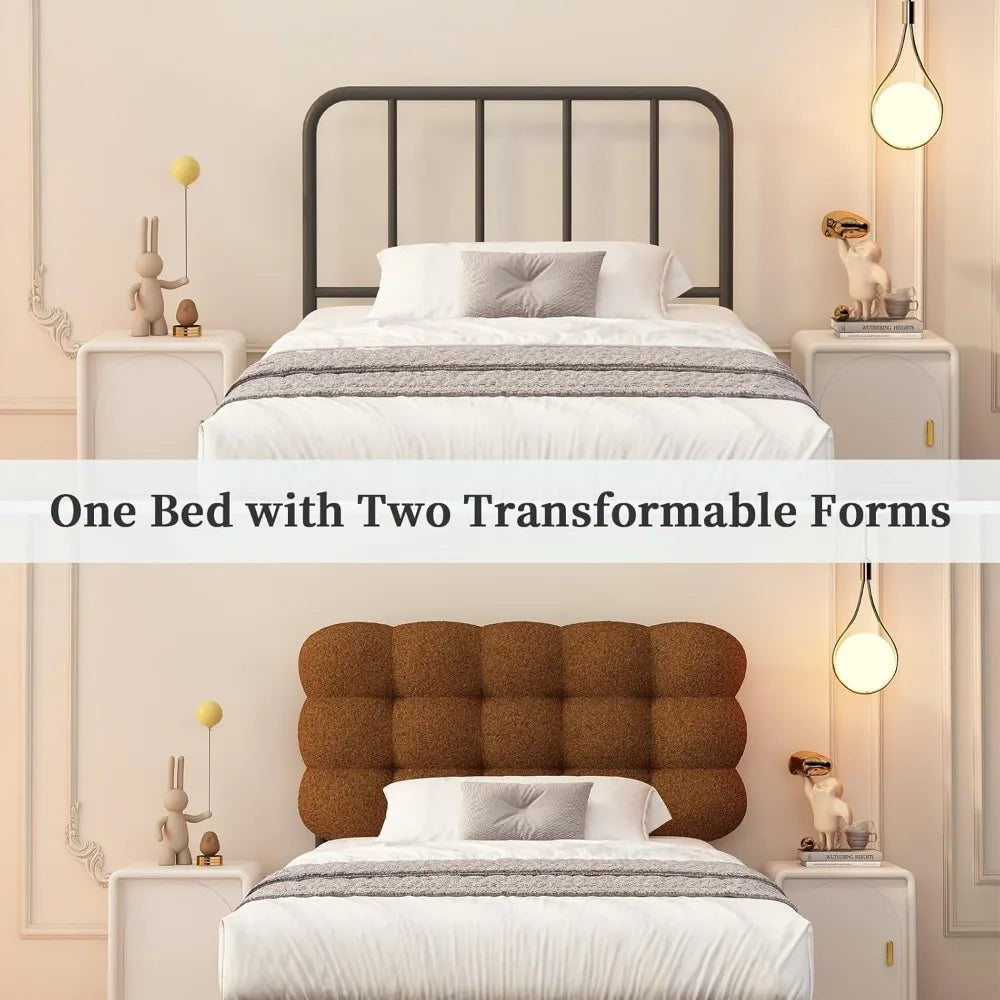 Single Bed Frame with Upholstered Headboard, Teddy Soft Boucle Fabric, Platform Bed with Strong Wooden Slats Support, Tw