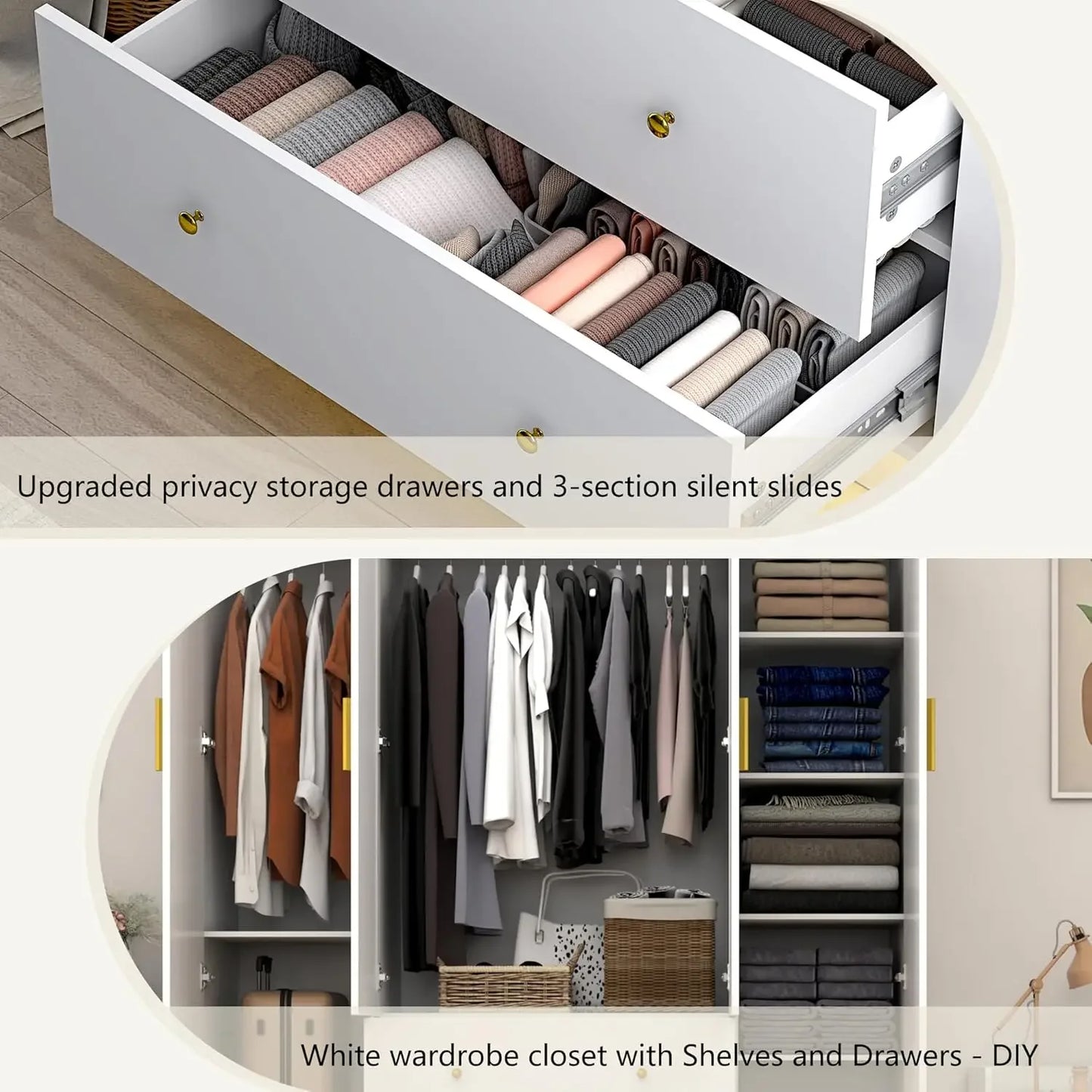 4 Door Wardrobe Closet with Mirrors and LED Lights, Bedroom Armoire with Drawers and Shelves, Modern Wooden Armoire Wardrobe