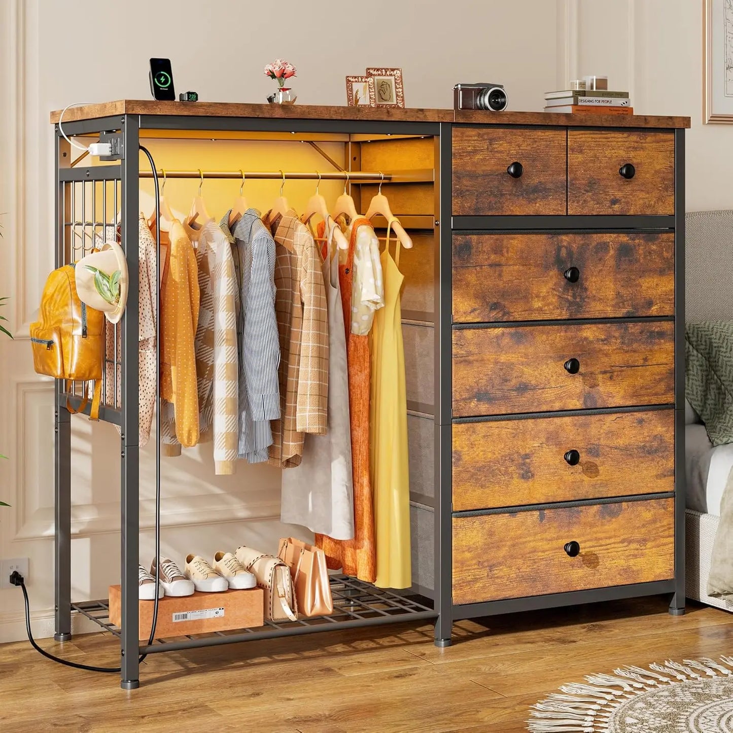 Dresser with Hanging Rack & LED Lights – 6 Drawer Storage with Charging Station