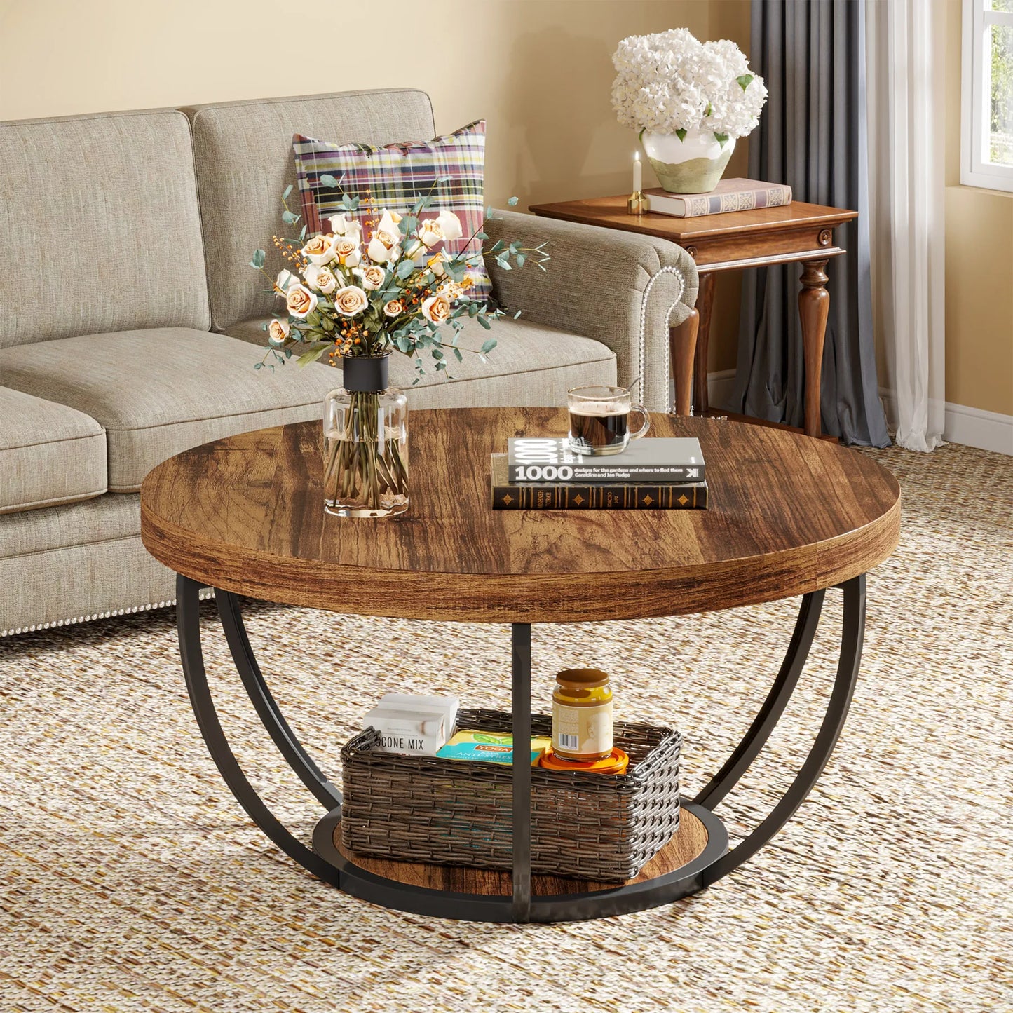 Round Coffee Table with Storage Shelves - 31.7" Industrial 2-Tier Circle Table