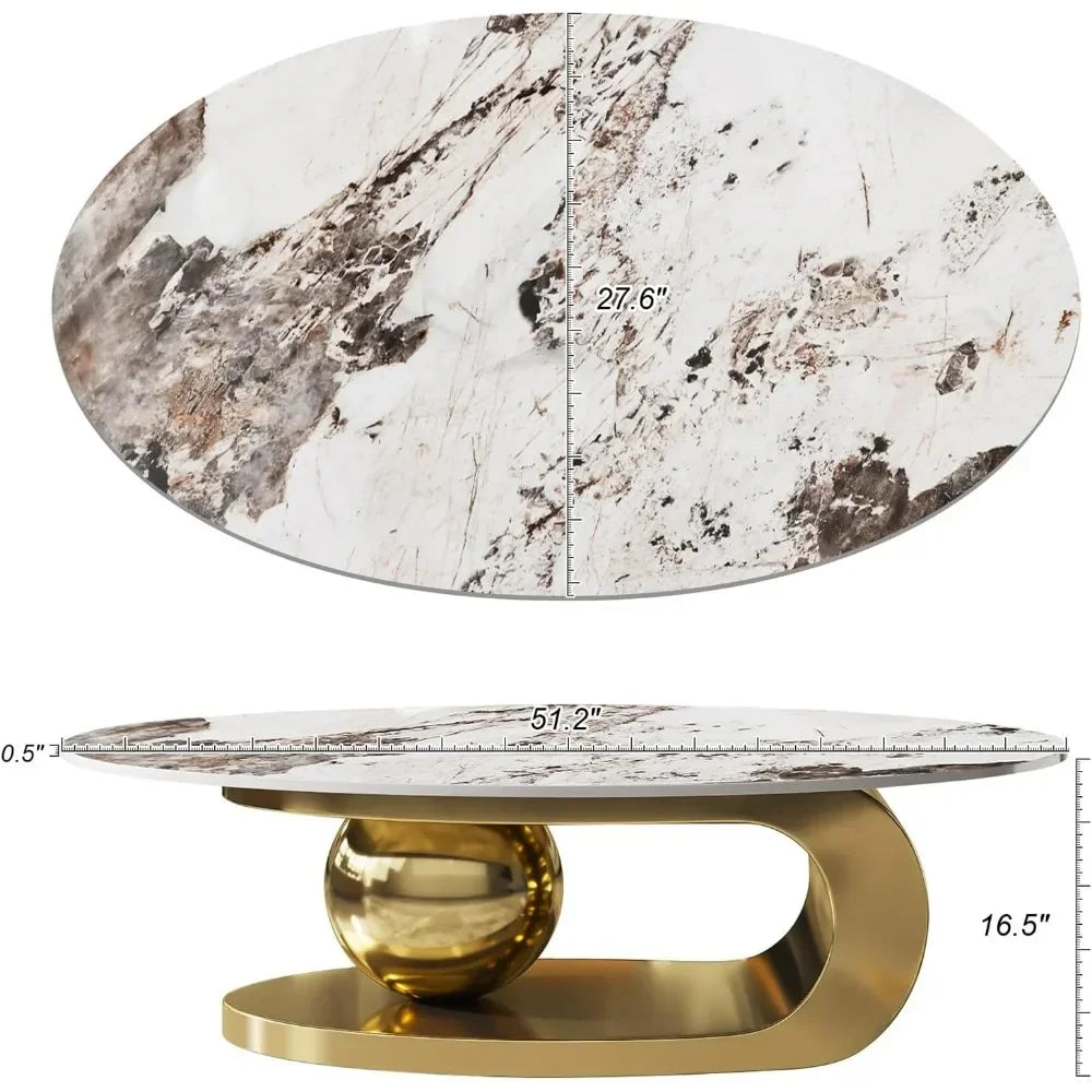 Modern Oval Stone Coffee Table with Abstract Gold Metal Base - Perfect  for Stylish Living Rooms-Gold,51"Lx28Wx16.5H