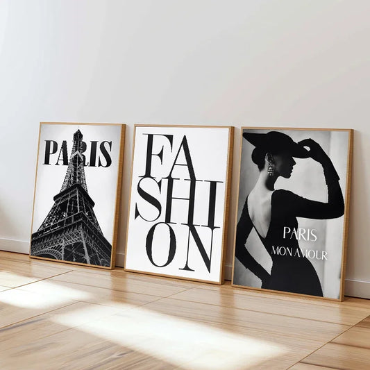 Paris Fashion Wall Art ,Eiffel Tower Poster Black White Chic Canvas Painting Print for Living Room Home Decor