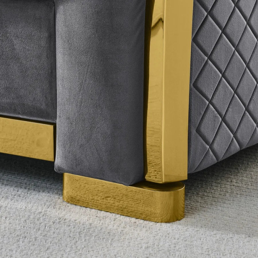 Velvet Luxury Chesterfield Sofa Set 84 Inches Tufted 3 Seat Couch with Gold Stainless for Living Room Grey Fabric