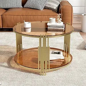 31.5" Modern Round Glass Coffee Table, Glass Side Table End Table with Circular Metal Drum Base, Tea Table with Gold Finish & Lo